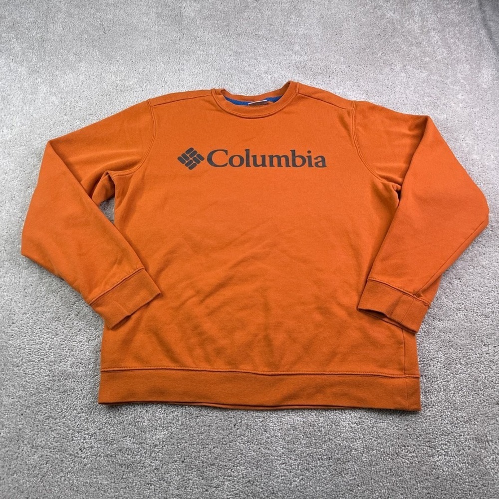 Columbia Sweatshirt Mens Medium‎ Orange Crewneck Spellout Logo Trek Hiking